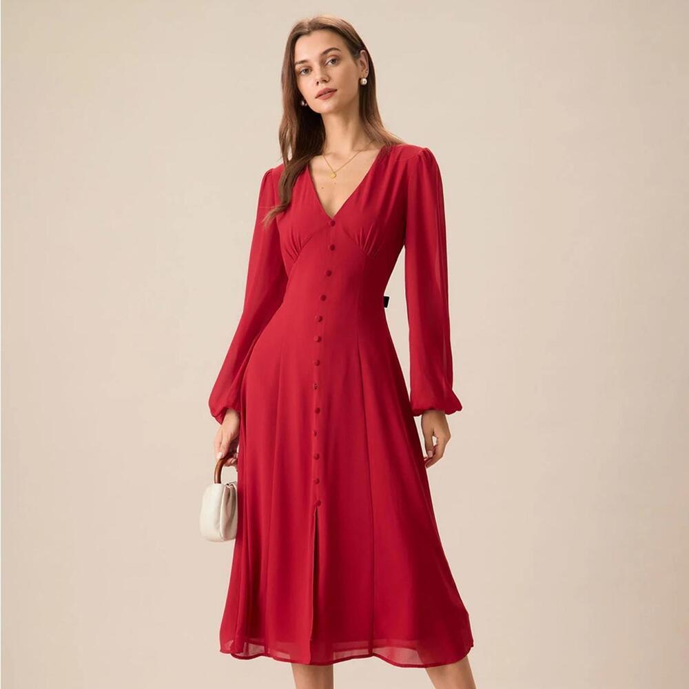 RIHOAS Women's Red V-Neck Puff Sleeve Slit Midi Dress XS